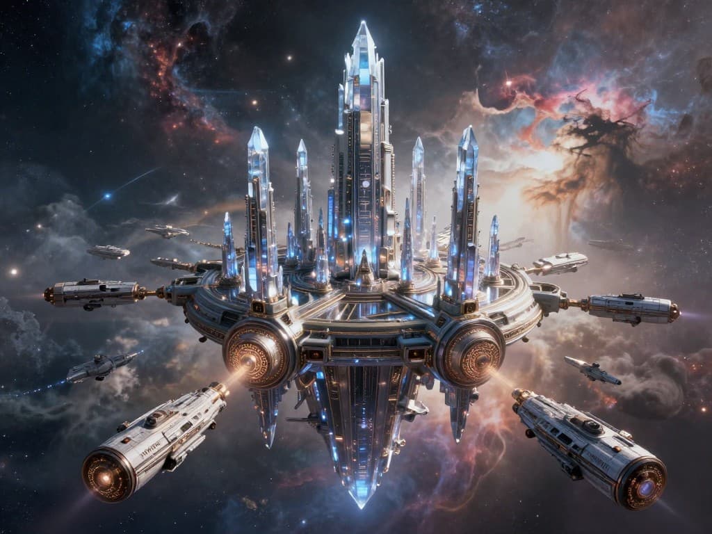 A colossal floating city of crystalline spires drifting through nebula clouds, ancient runes glowing