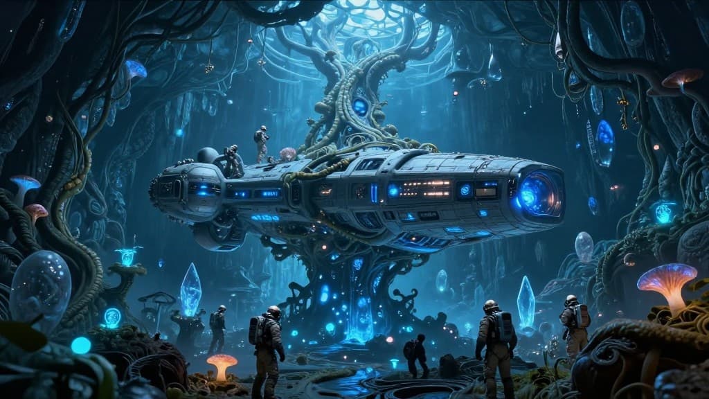 A vast underground crystal cavern housing a dormant ancient starship fused with organic vines and bi