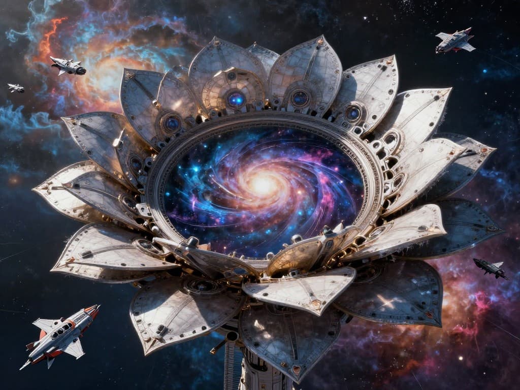 An immense space station shaped like a blooming mechanical flower, petals opening to reveal a portal